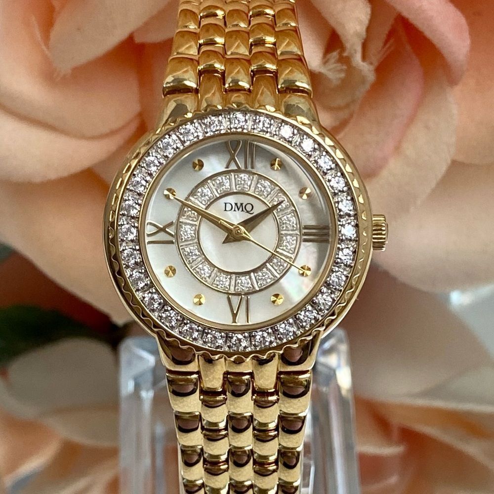 DMQ Diamonique CZ Bezel Mother of Pearl Dial Gold-Tone Dress Watch